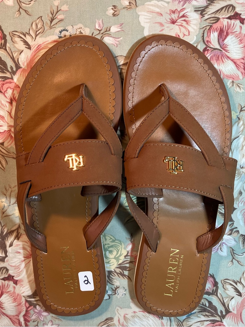 Lauren Ralph Lauren Size 8 Brown Thong Sandals Gold RL Logo